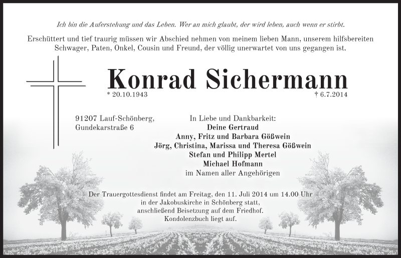 Traueranzeige für Konrad Sichermann vom 09.07.2014 aus Pegnitz-Zeitung